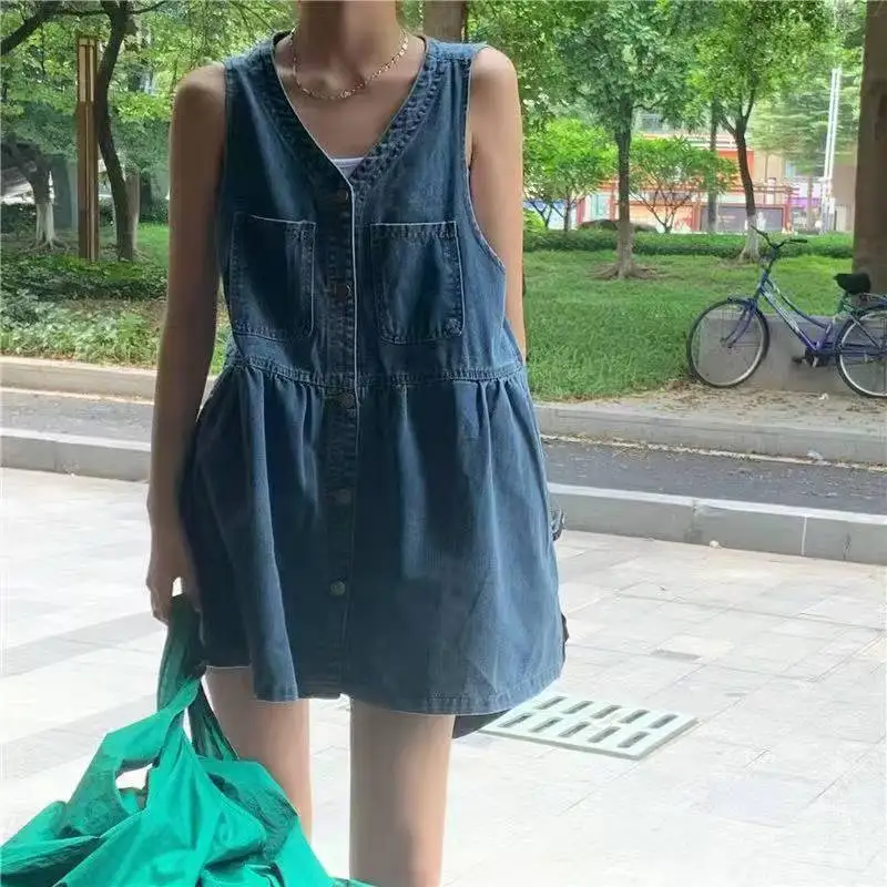 Robe d'été sans manches à bretelles pour femme, style coréen, en jean, coupe ample, mini-robe trapèz