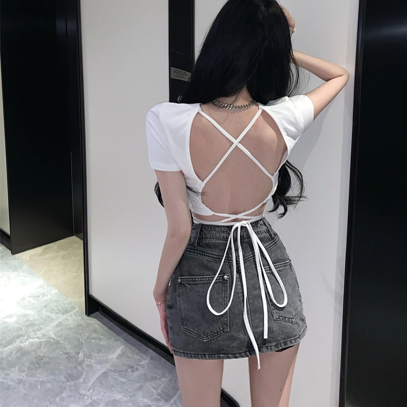 90s Été Sexy Dos Nu Cravate Bandage À Top Femmes Manches Courtes Gilet T-shirt Mode Casual Évider Mi