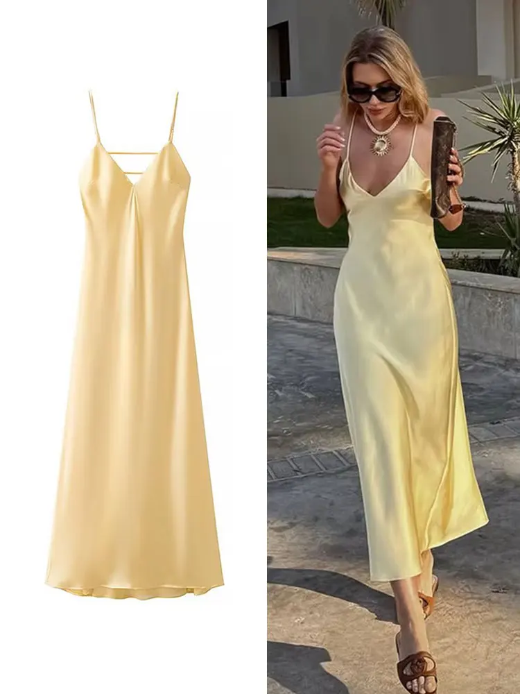 HH femmes été jaune tache col en V fronde robe élégante sans manches ample Maxi Robes 2025 nouvelles