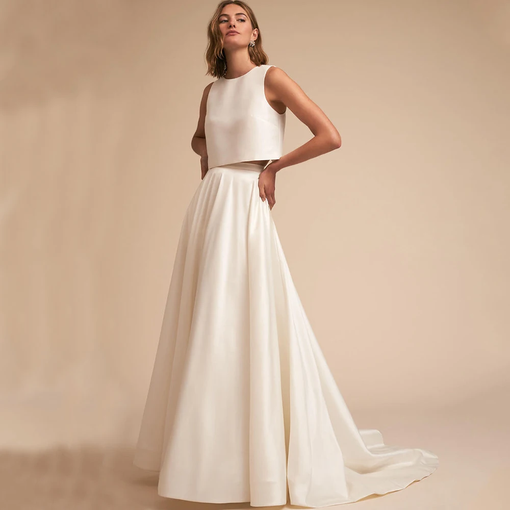 Robe de Mariée en Satin Deux Pièces, Col Rond, Corps Supérieur en Fibre, A-ligne, Longueur au Sol av
