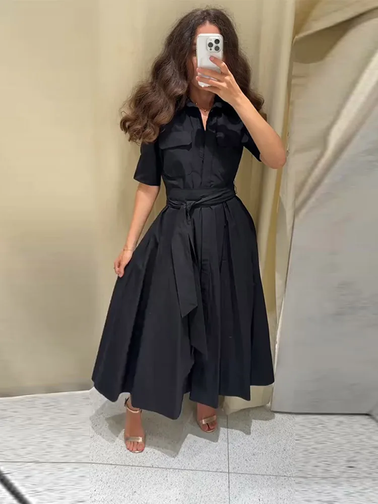 Nouvelle Robe Longue Plissée Noire Élégante pour Femme avec Ceinture, Manches Longues et Col Revers,