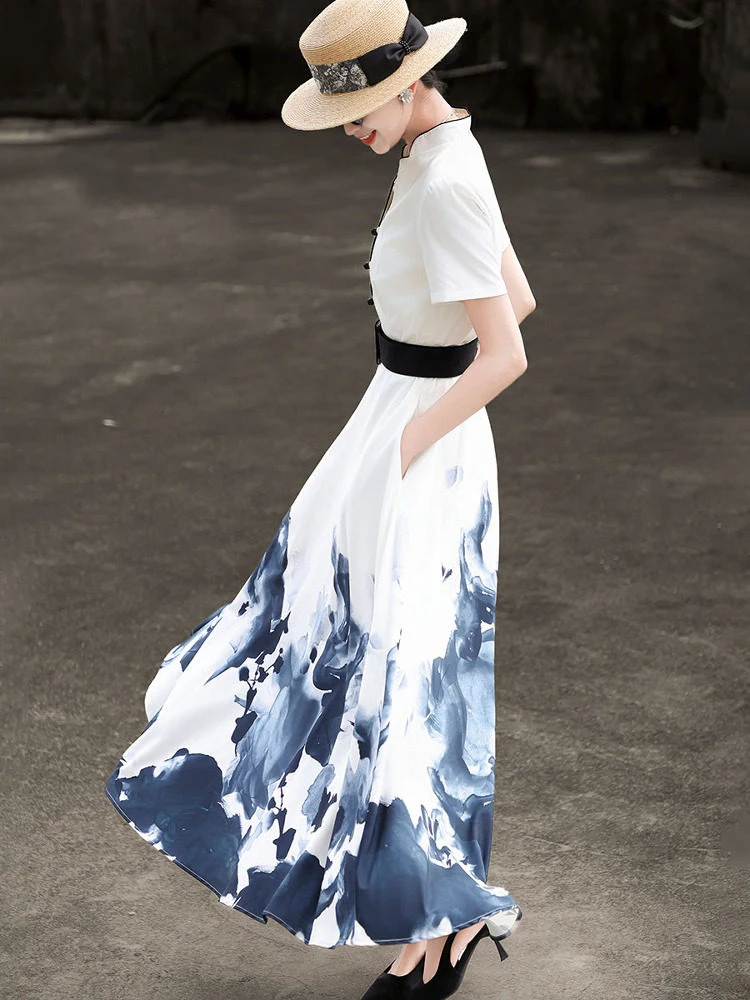 MEXCOCO 2026 Nouvelle collection été – Robe évasée élégante à manches courtes imprimé peinture à l'e