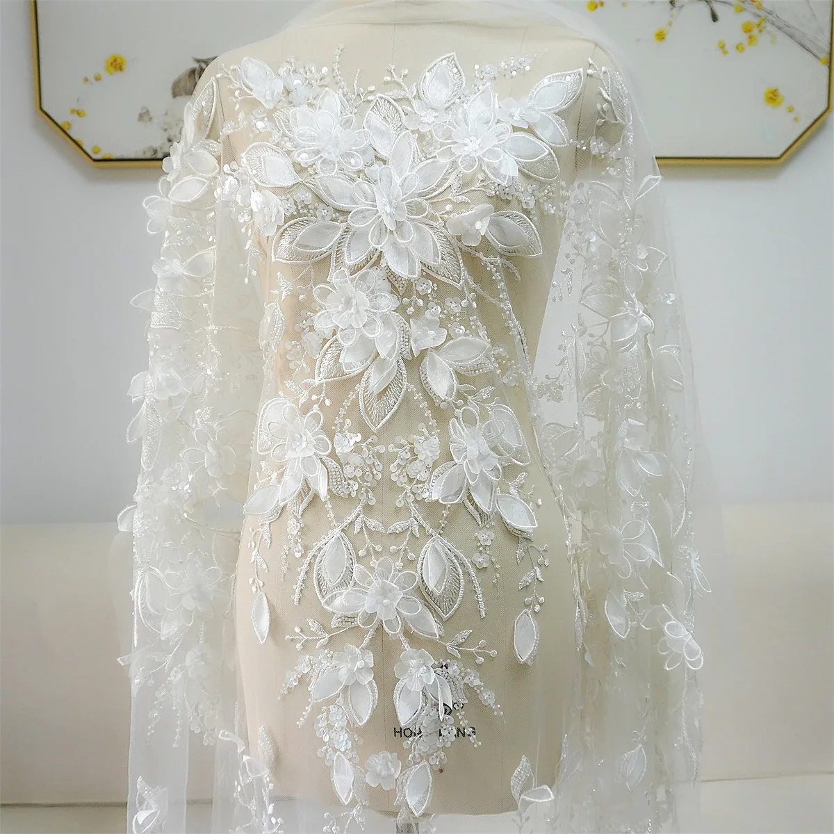 Robe de mariée en Tulle, tissu à fleurs 3D brodé en dentelle à paillettes appliquées