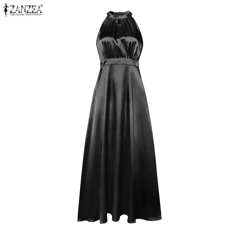ZANZEA Robe longue élégante en satin pour femme, col halter, sans manches, coupe trapèze, pour cockt