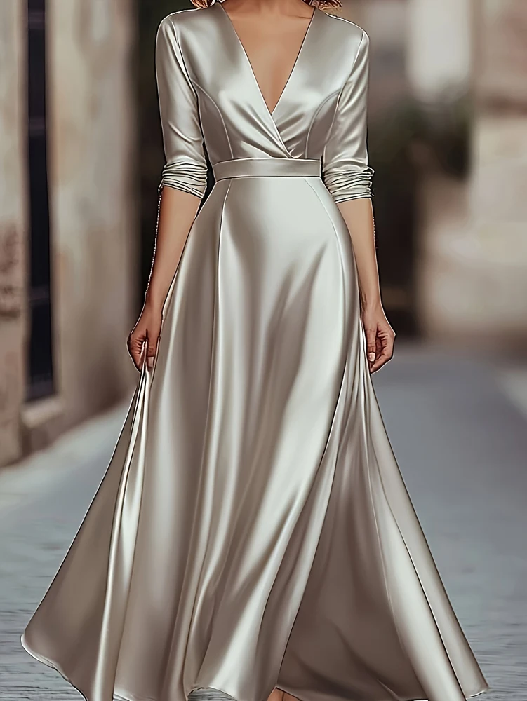 Collection Printemps/Automne : Robe de soirée élégante d'inspiration française, à col en V, à manche