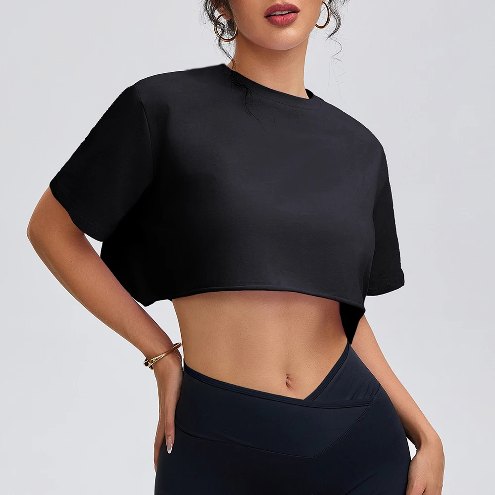 Anfilia femmes mode chemises de Yoga coupe ample col rond manches courtes 95% coton respirant gymnas