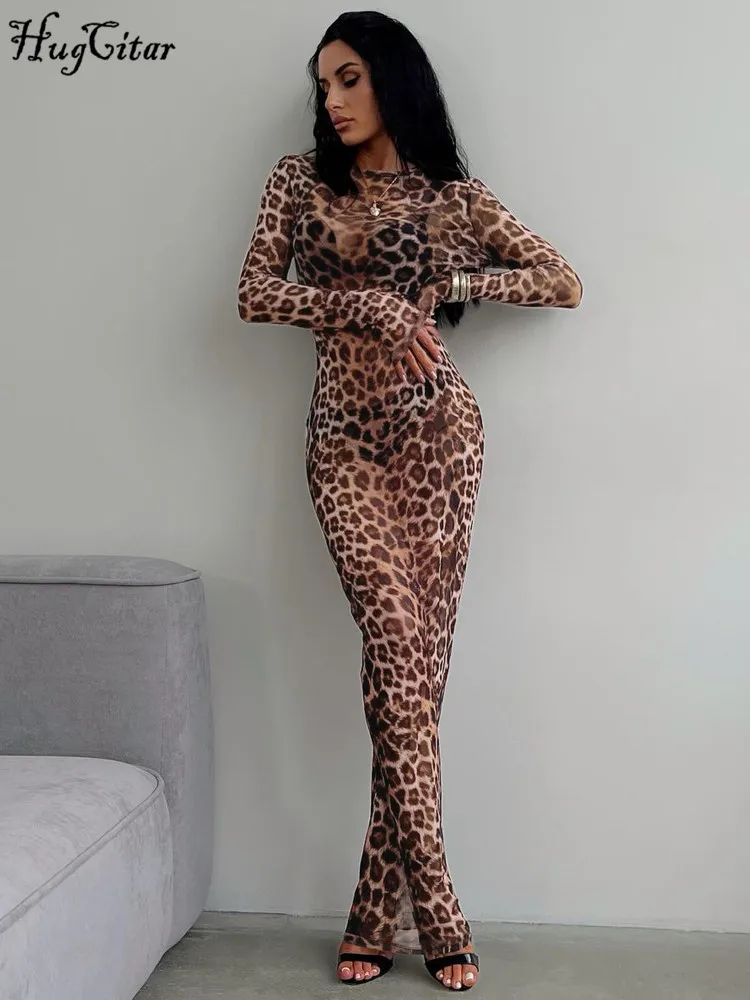 Hugcitar imprimé léopard maille à manches longues Sexy mince voir à travers Maxi robe automne femmes