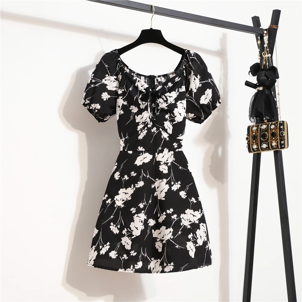 Femmes Mini Robes D'été Mode Femme Robes Imprimé Floral Robes En Mousseline De Soie Fronces Plissée
