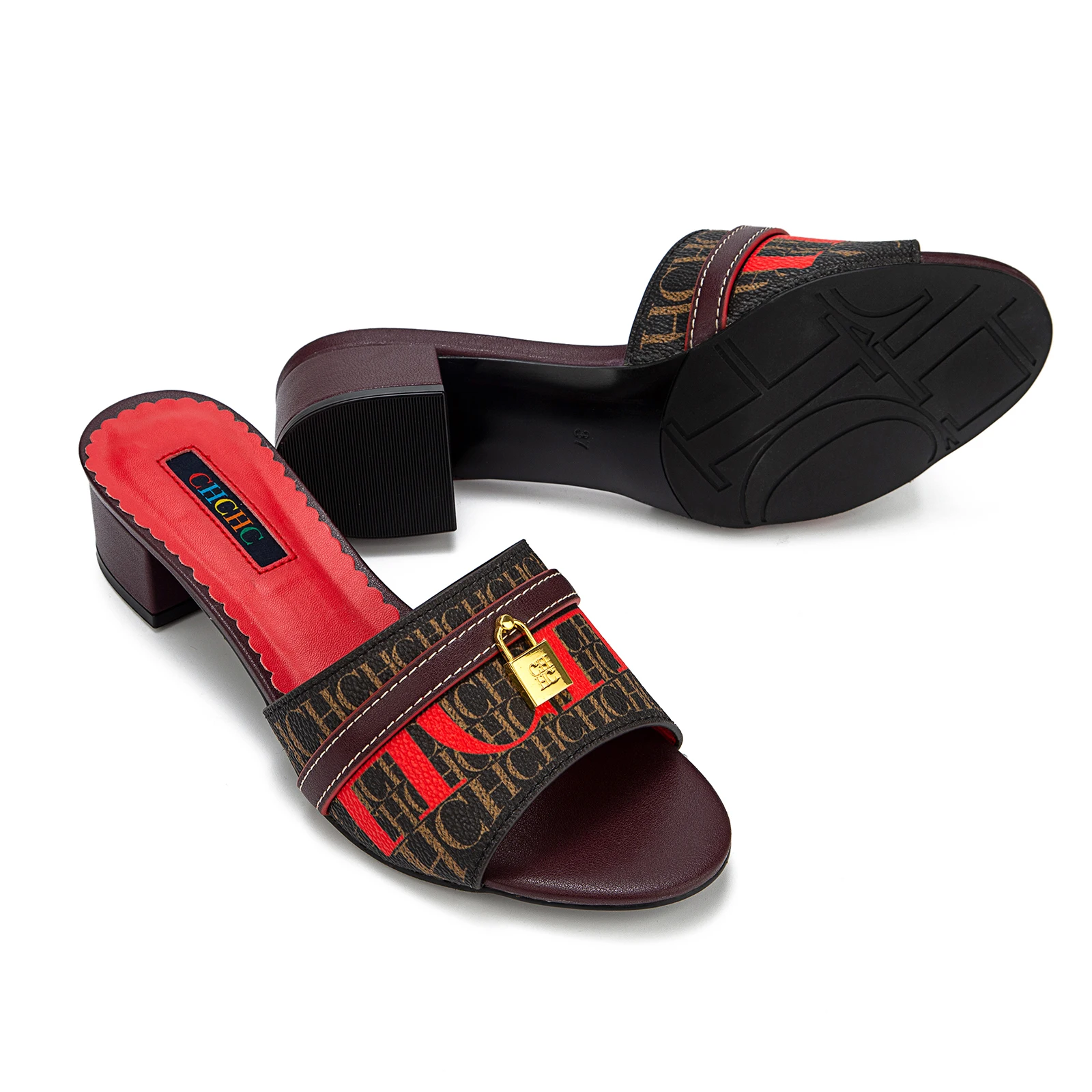 CH à la mode de haute qualité serrure en métal monogramme imprimé femmes pantoufles à talons bas tem