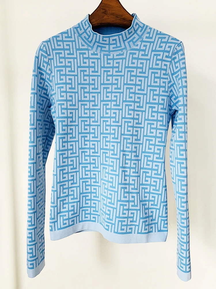 Pull en maille jacquard géométrique à monogramme pour femme, nouvelle collection 2026, tendance de l