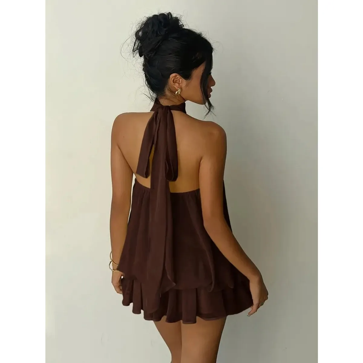 Robe licou pour femme, dos nu, en mousseline transparente, mini-jupe à nouer devant, robe de soirée