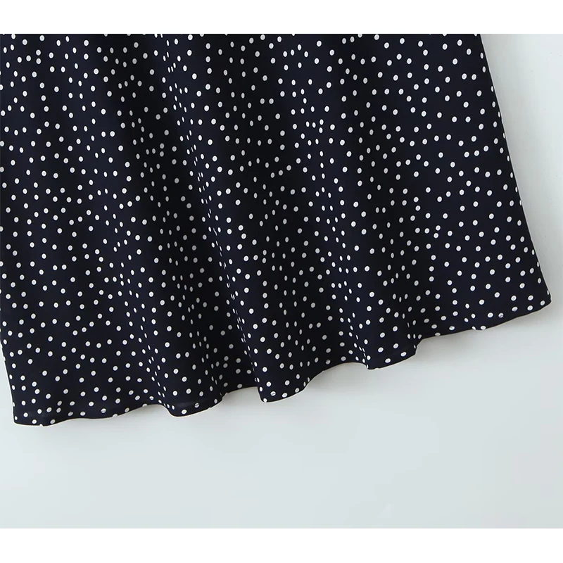 YENKYE-Robe longue bleu marine à pois pour femmes, bordure en dentelle, col en V, manches courtes, l