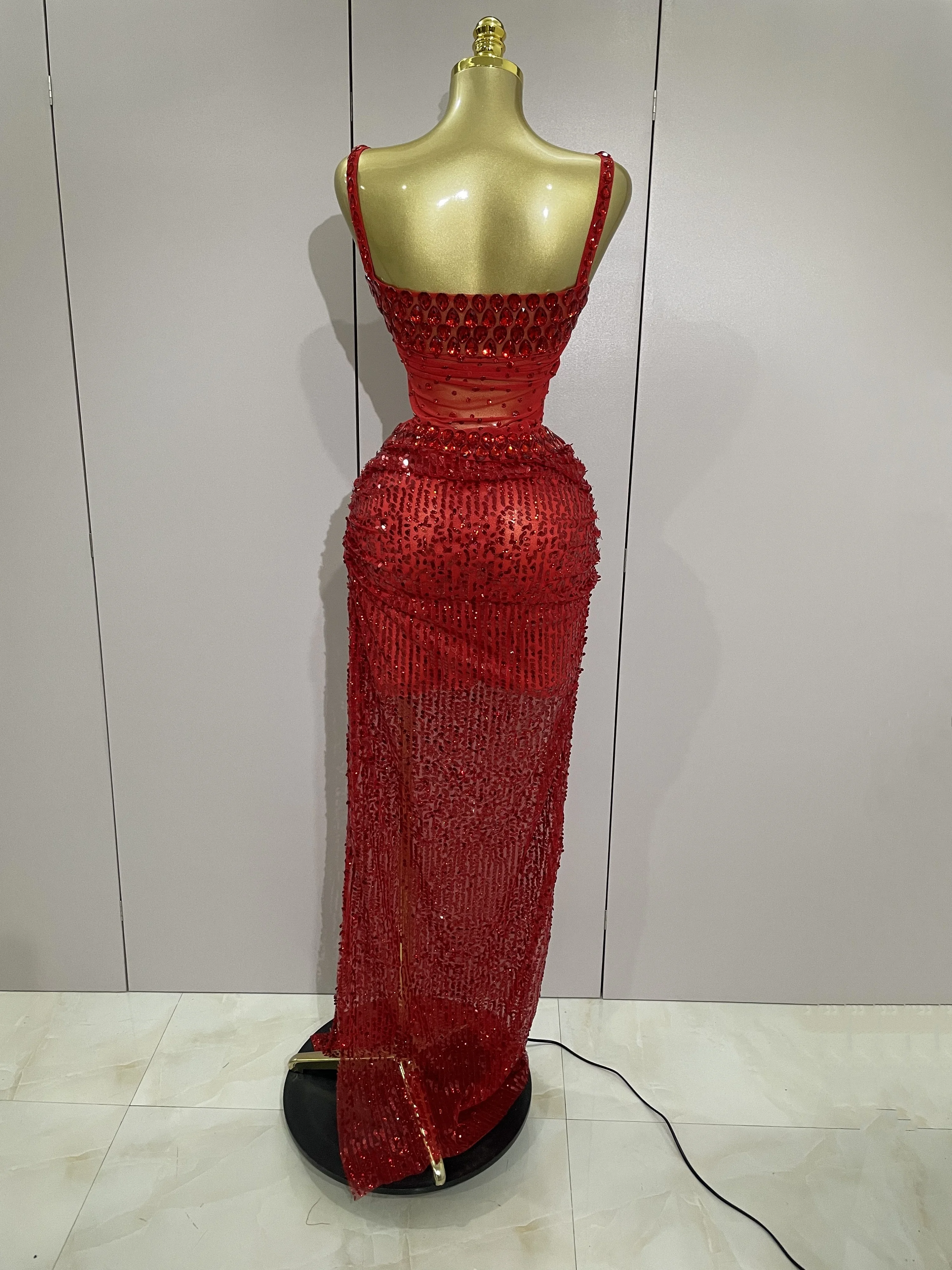 Robe longue 2 pièces transparente et sexy avec strass rouges scintillants et paillettes, pour femmes