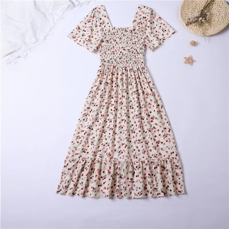 Printemps été robe en mousseline de soie femmes robes mi-longues femme à manches courtes taille élas