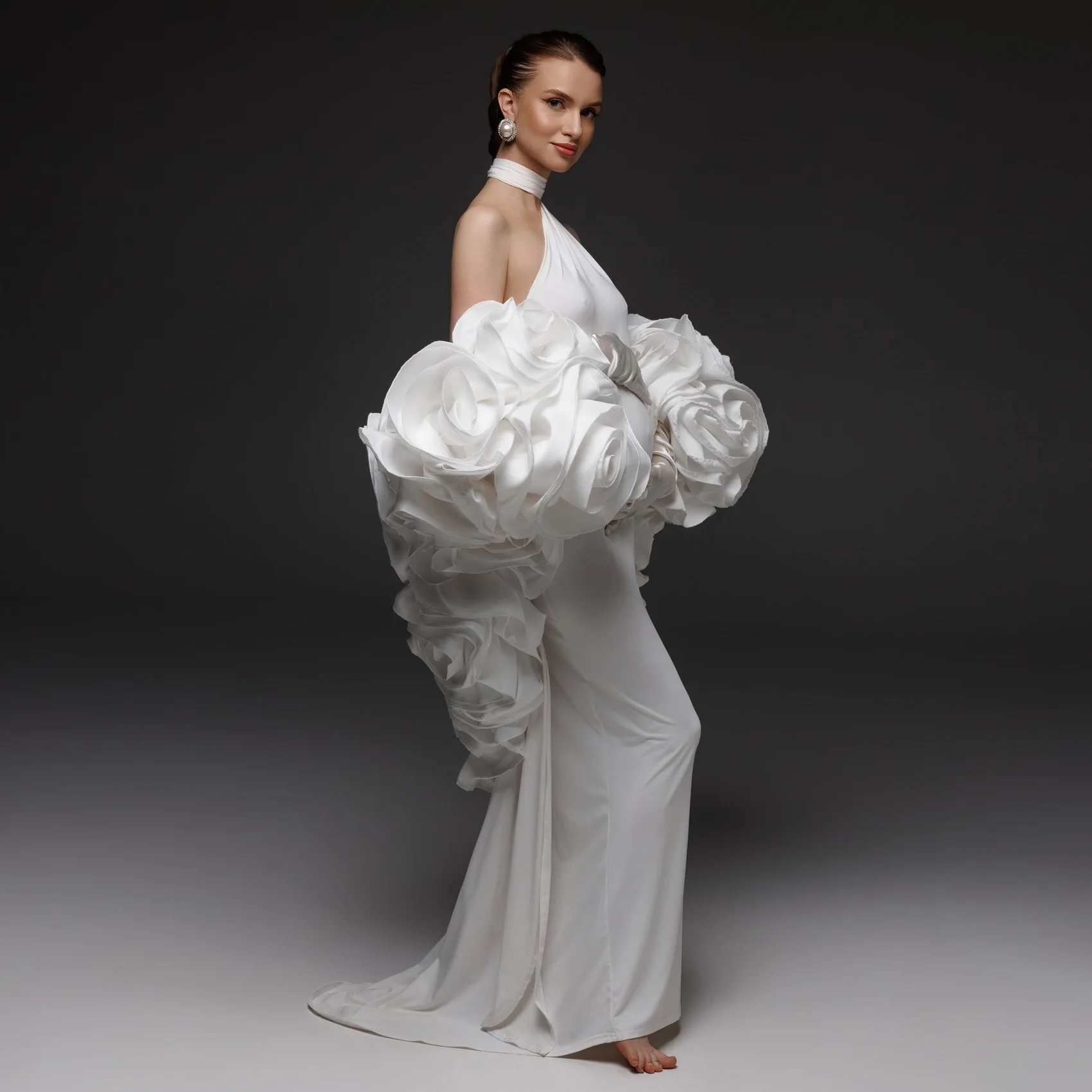 Robe de maternité élégante ivoire avec cape pour séance photo, col halter, 2 pièces, robe de materni
