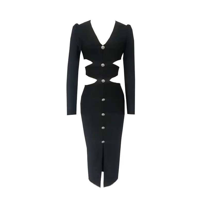 Robe mi-longue à bandes pour femmes, col en V, fendue, découpée, élégante, moulante, Sexy, mode, man