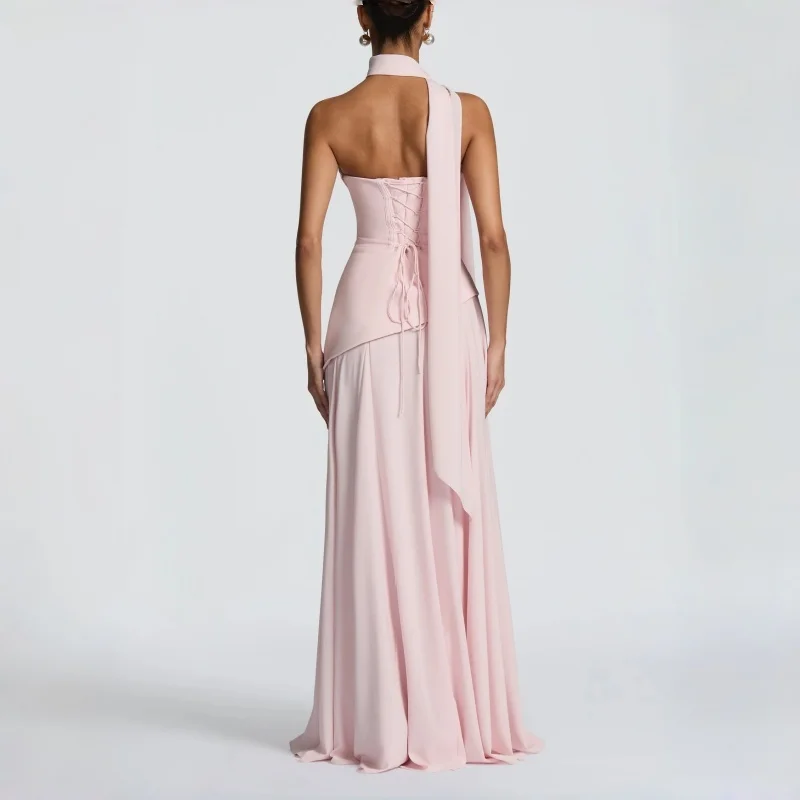 Robe de soirée rose poudré pour femme, col bénitier, dos froncé, à lacets, sans manches, élégante, p