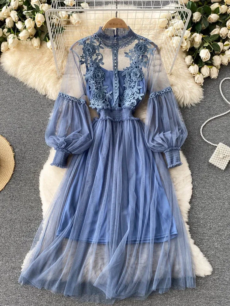 Robe tridimensionnelle pour femmes, crochet à fleurs, maille, tempérament, col montant, manches lant
