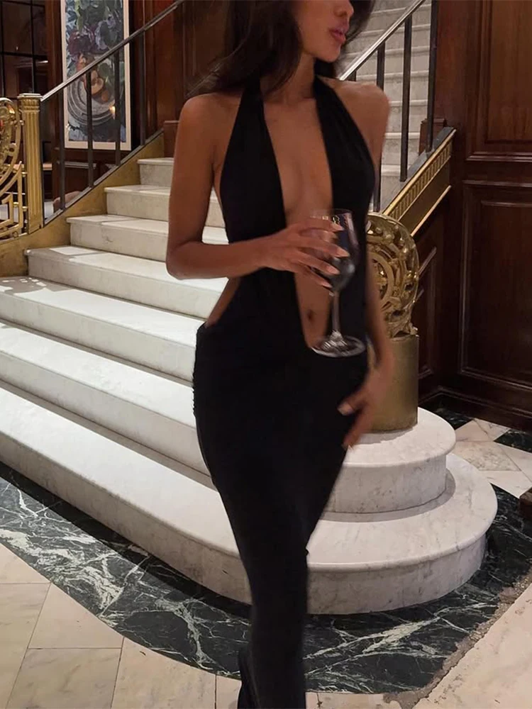 Ahagaga mode licou femmes Maxi Robes solide col en v profond sans manches noir pansement gaine moula