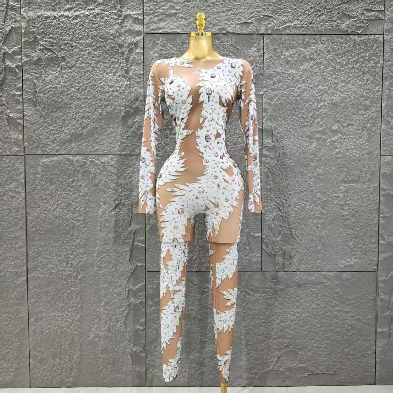 Gros femmes Sexy à manches longues brillant strass moulante combinaison célébrer discothèque fête Pe