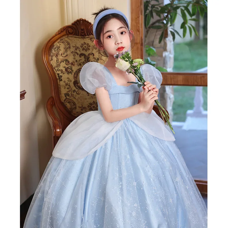 Robe de soirée princesse bleue pour filles, à fleurs, pour mariage, anniversaire, hôte, spectacle de