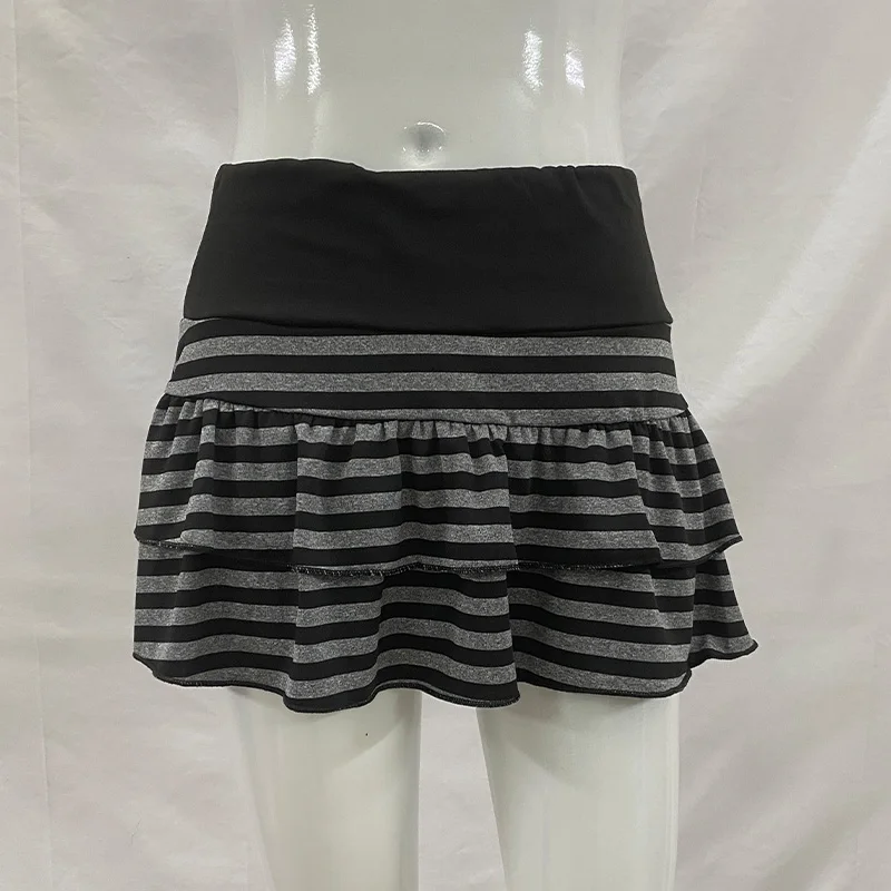 Mini jupe à volants rayée noire et grise, vêtements pour femmes Y2K Grunge, taille haute, taille éla