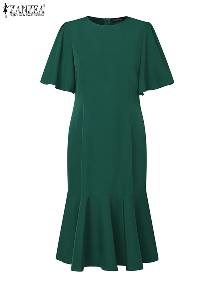 ZANZEA – Robe sirène élégante pour femmes, mode, manches courtes, col rond, ourlet à volants, ajusté