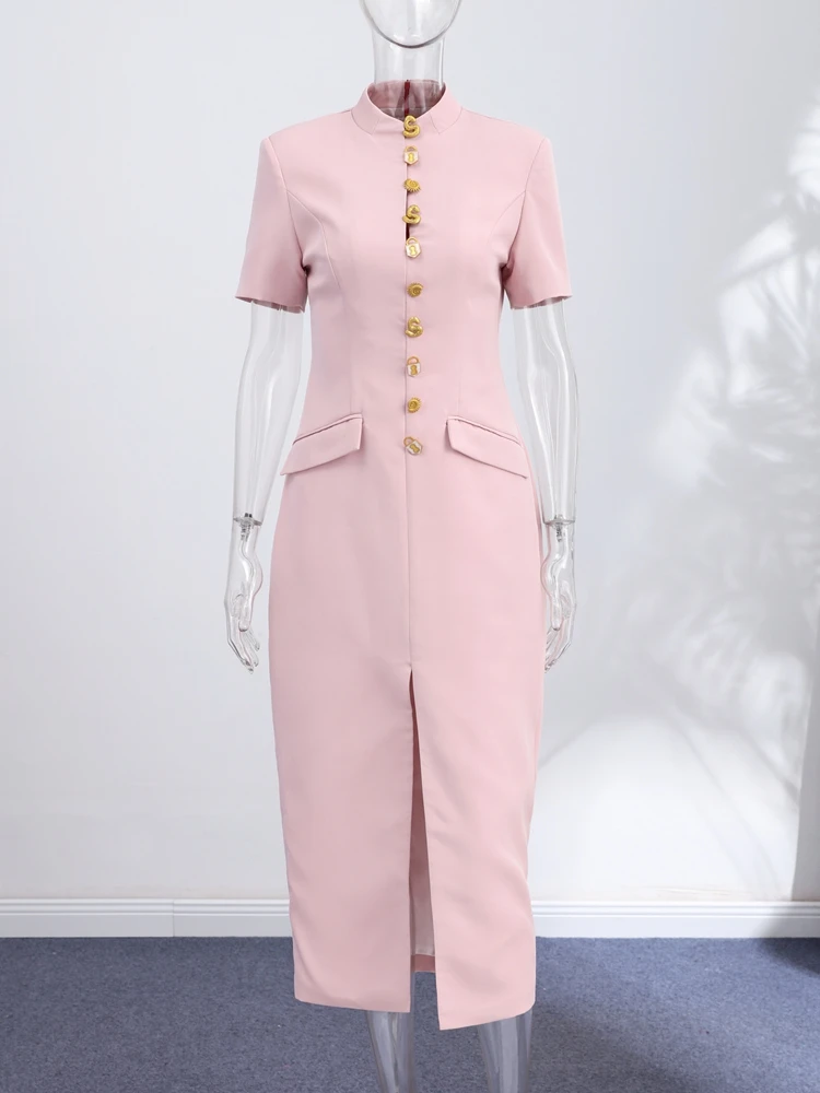 Nouvelle Robe Longue Élégante pour Femme, Col Montant Uni, Manches Courtes, Coupe Slim, Boutonnage S