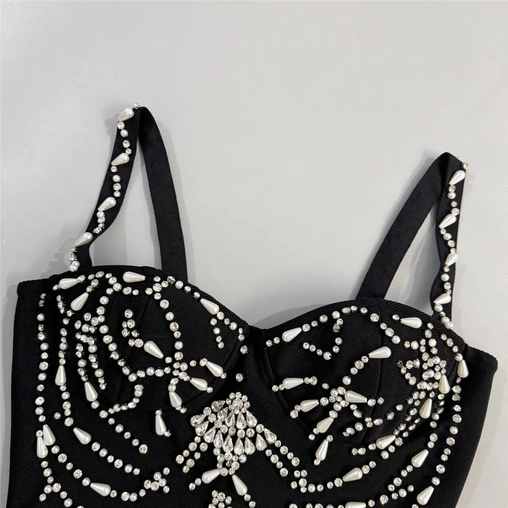 Femmes élégantes perles robe de pansement Spaghetti sangle moulante vêtements Club fête robes de soi