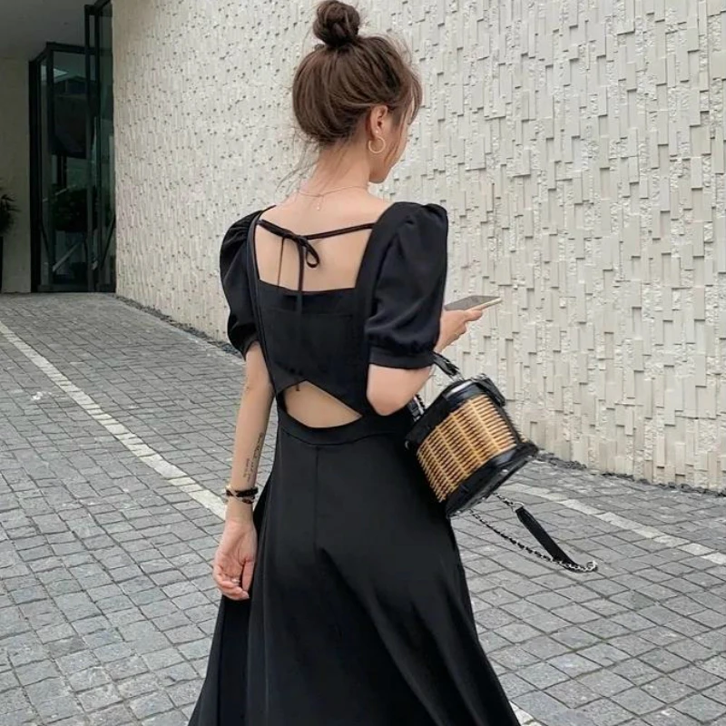 Robe Chic Vintage Noire pour Femme, Taille Haute, Col Carré, Manches Bouffantes, Nministériels d Tra