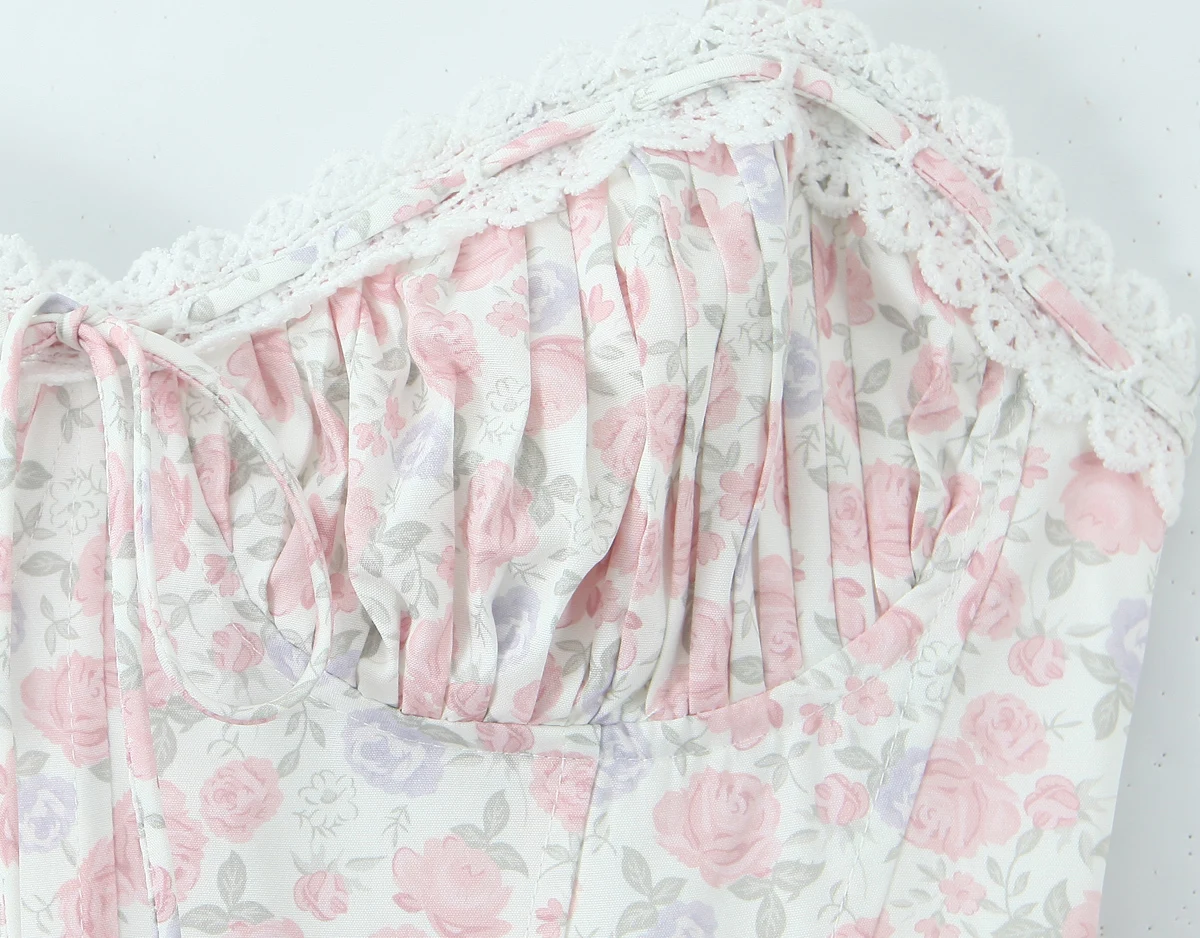 Robe longue en dentelle épissée, imprimé Floral, Sexy, froncé sur la poitrine, Style Corset, à brete