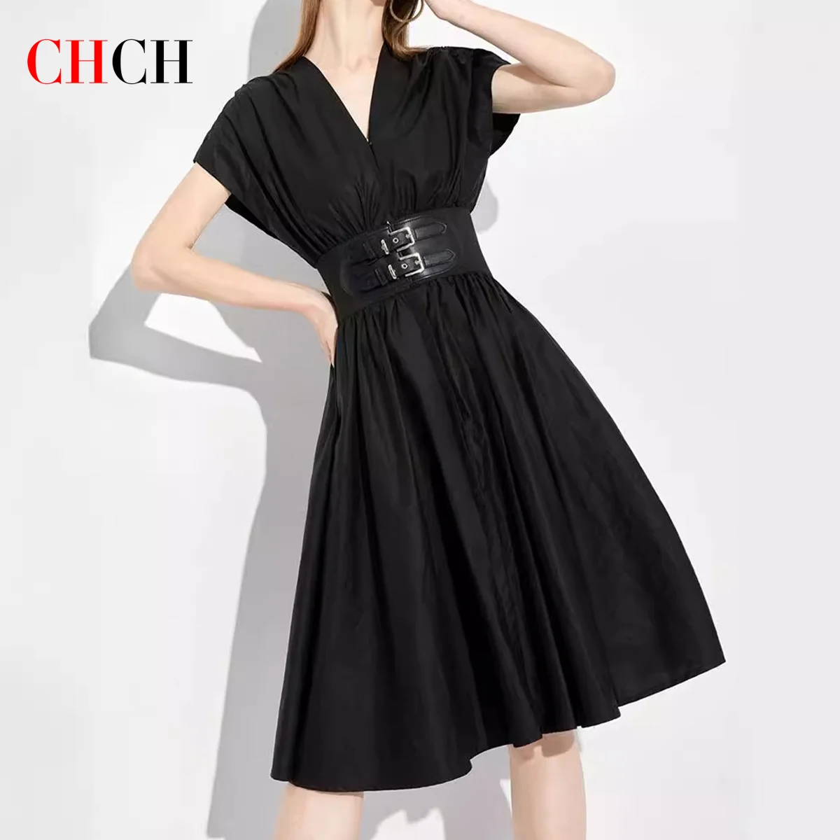 CHCH – robe longue pour femmes, col en v, sans manches, taille haute, Slim, noire, tenue de fête d'a