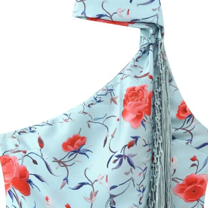 Robe longue de soirée asymétrique à imprimé floral en satin pour femme, col halter, bordure à frange