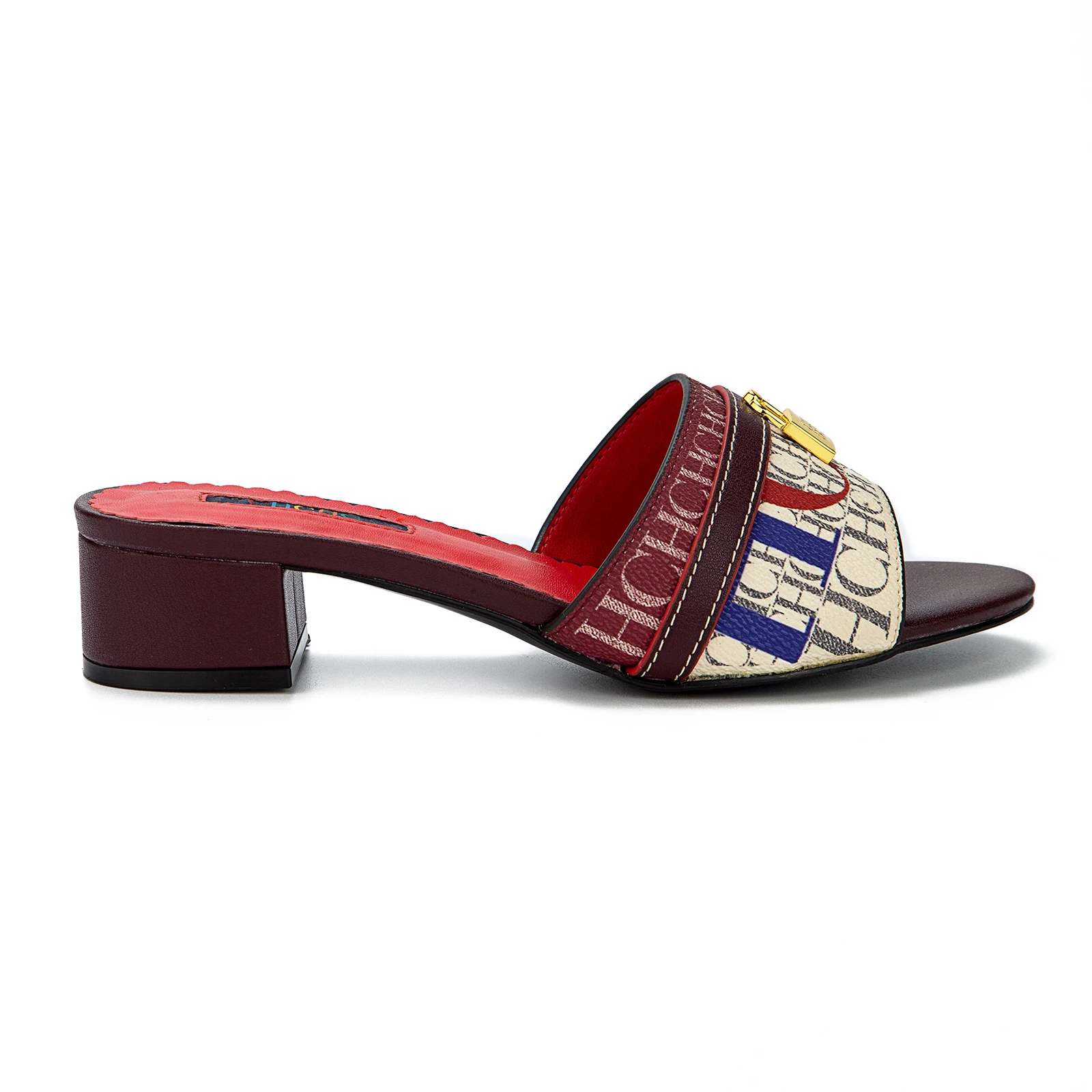 CH à la mode de haute qualité serrure en métal monogramme imprimé femmes pantoufles à talons bas tem