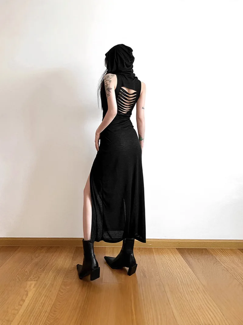 Robe y2k pour femmes, vêtements de couleur unie, sans manches, ajourée dans le dos, fente à capuche,