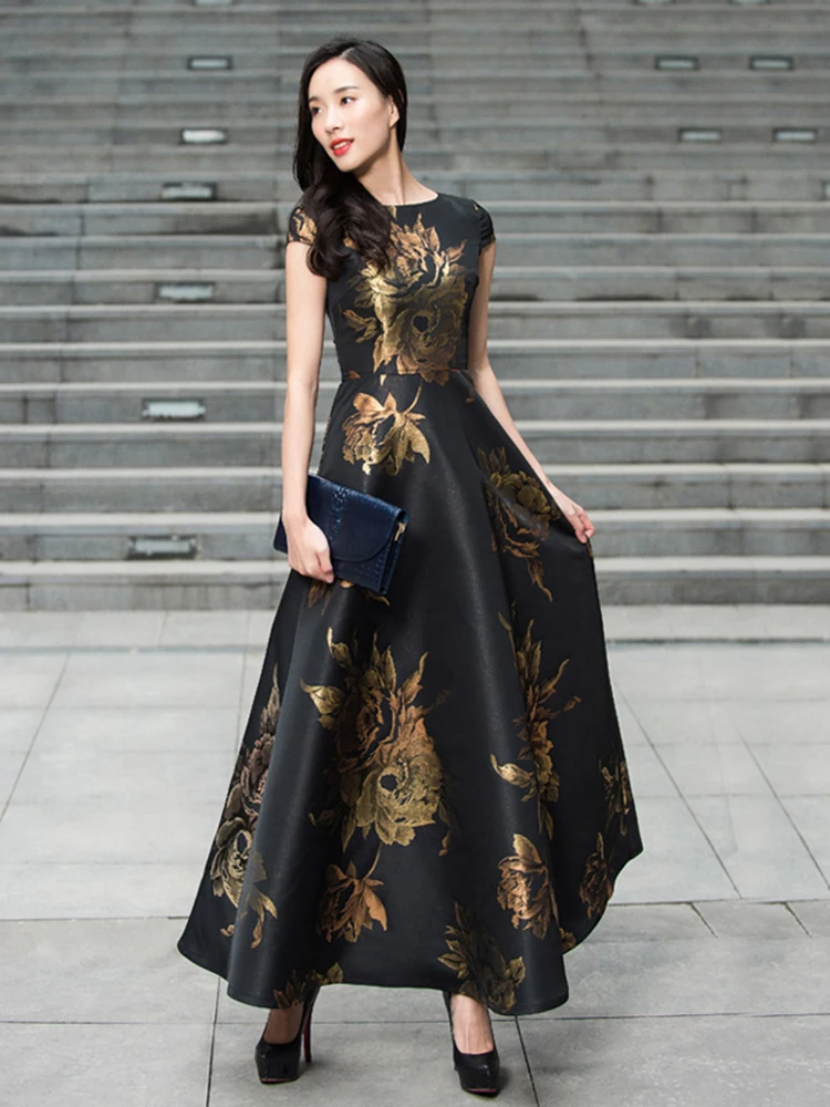 Robe Jacquard Vintage Élégante pour Femmes avec une Silhouette Maxi Évasée Cintrée à la Taille, Idéa