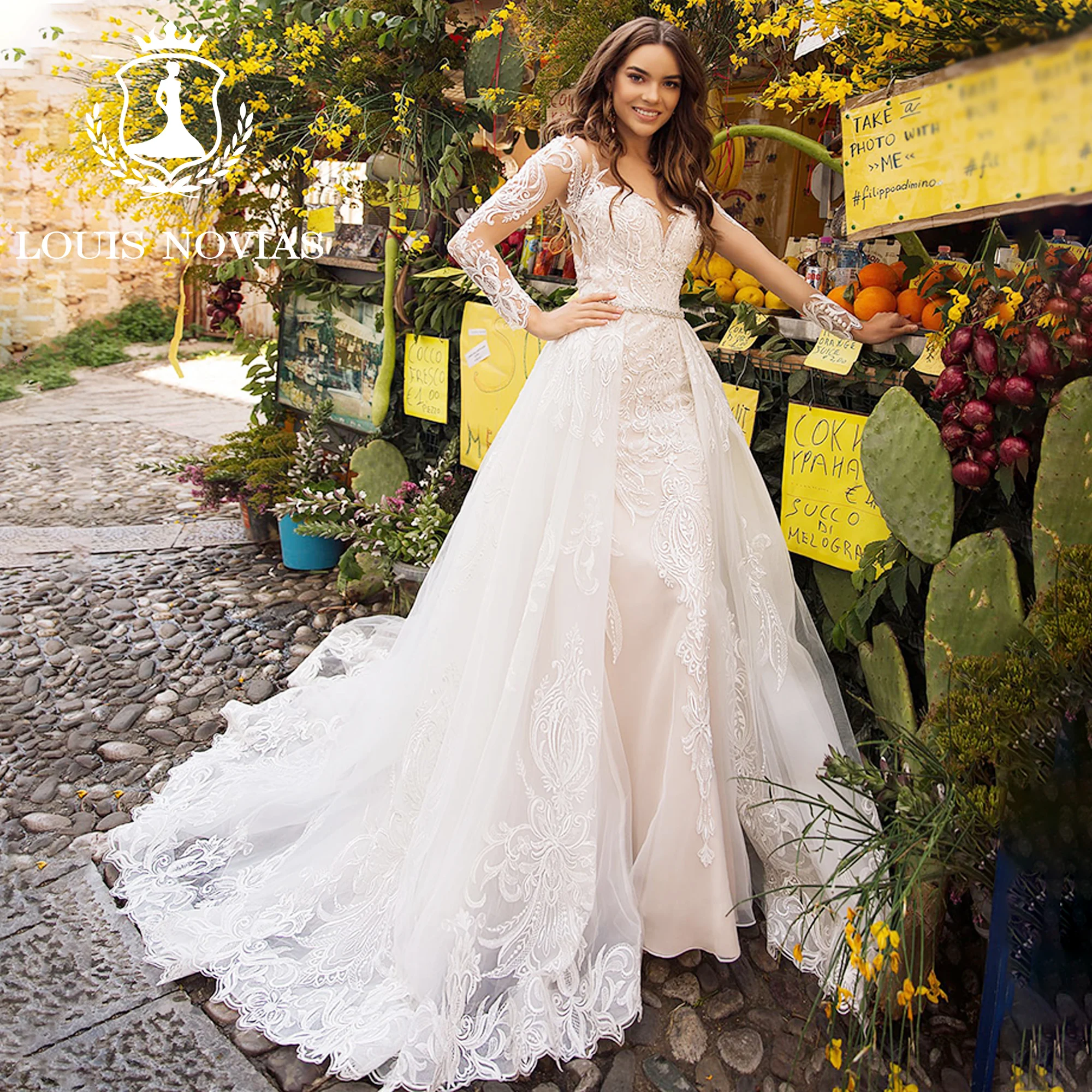 LOUIS NOVIAS sirène à manches longues robes de mariée chérie broderie Illusion bouton détachable Tra