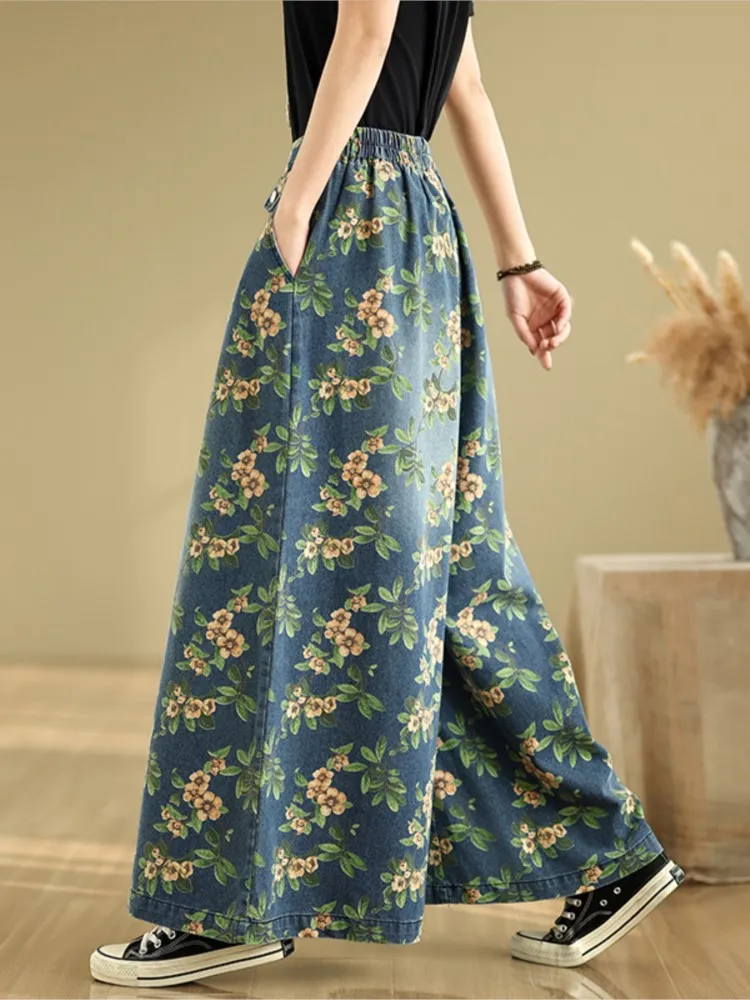 Jean surdimensionné printemps été fleur imprimé fleuri pantalon femmes jambe large Denim ample mode