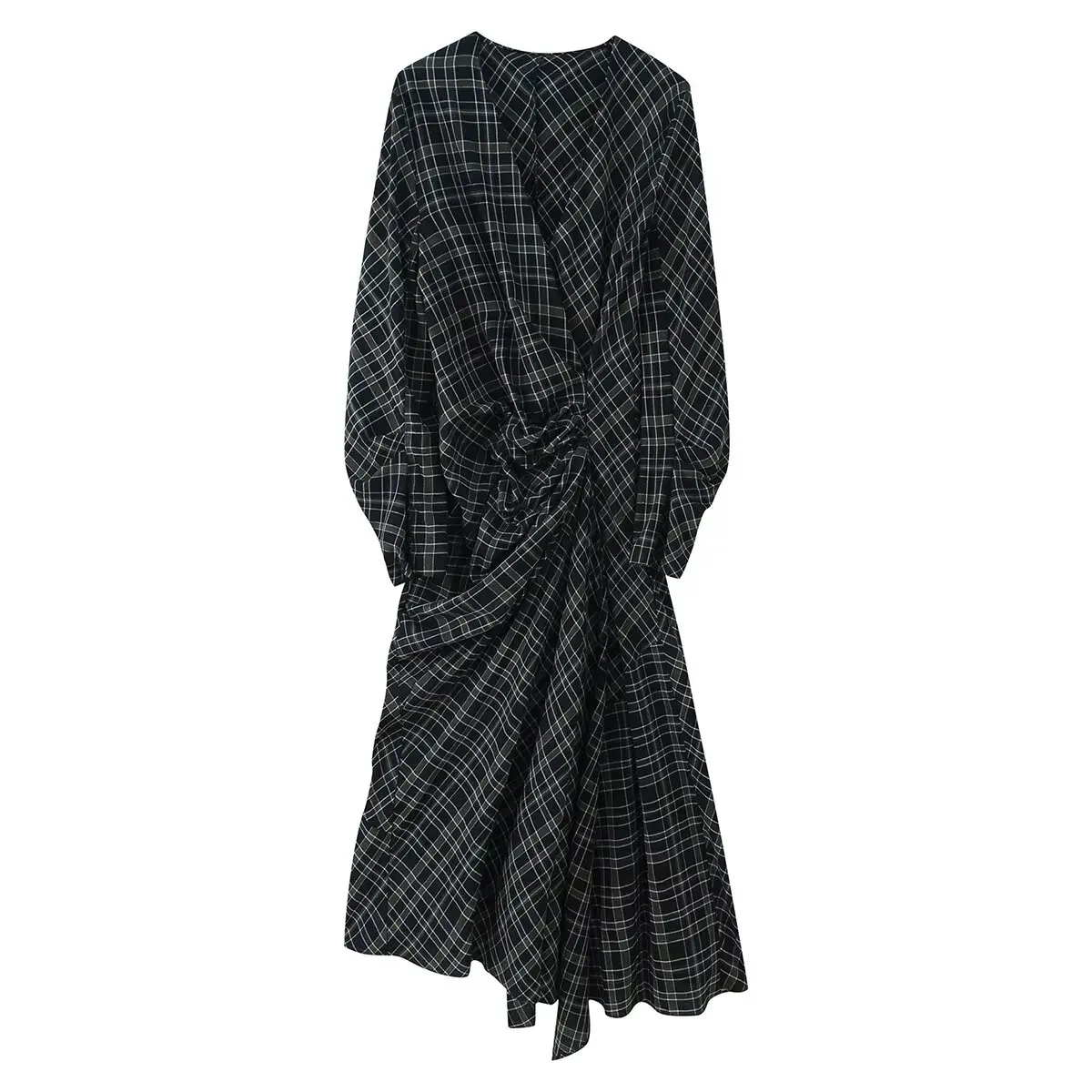 HH femme élégante col en v Plaid plissé décoration manches longues robe mi-longue femme mode taille