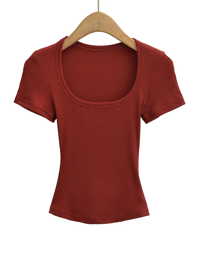 Col carré haute Stretch été culture hauts femmes à manches courtes hauts Sexy pull sommets Blouses m