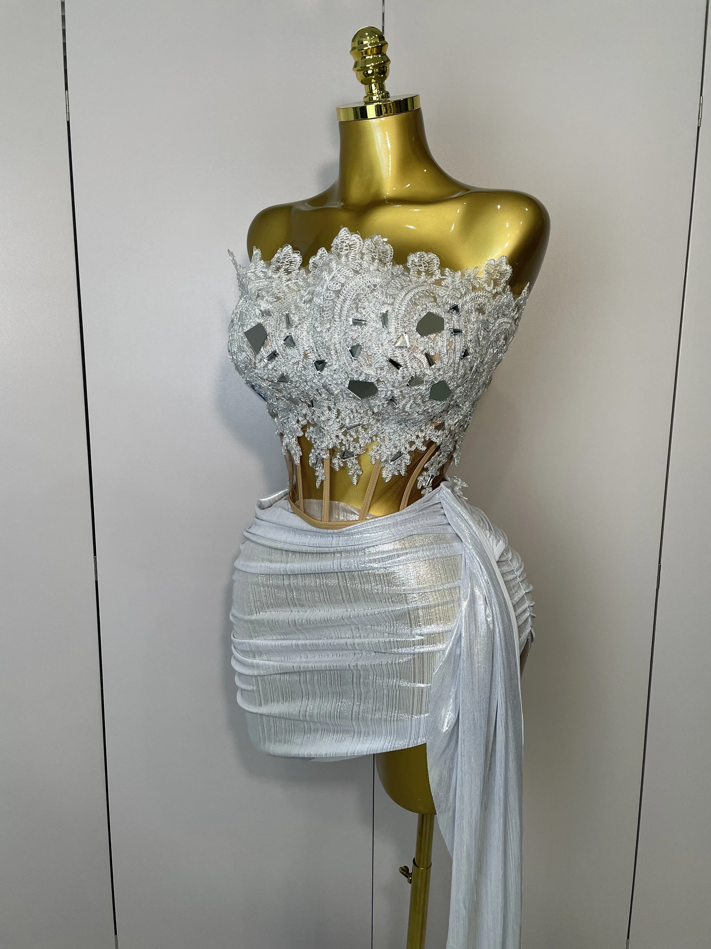 Robe courte sans bretelles à paillettes argentées scintillantes, ensemble de 2 pièces pour femmes, f