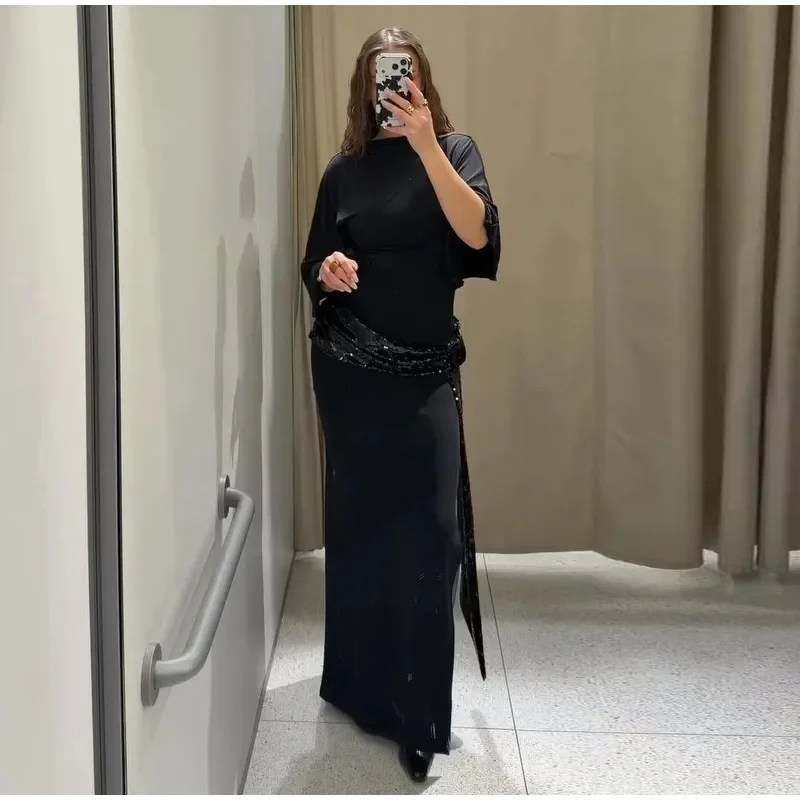 Robe Maxi en Patchwork de paillettes pour femmes, dos nu, élégante, manches larges, longue, nouvelle
