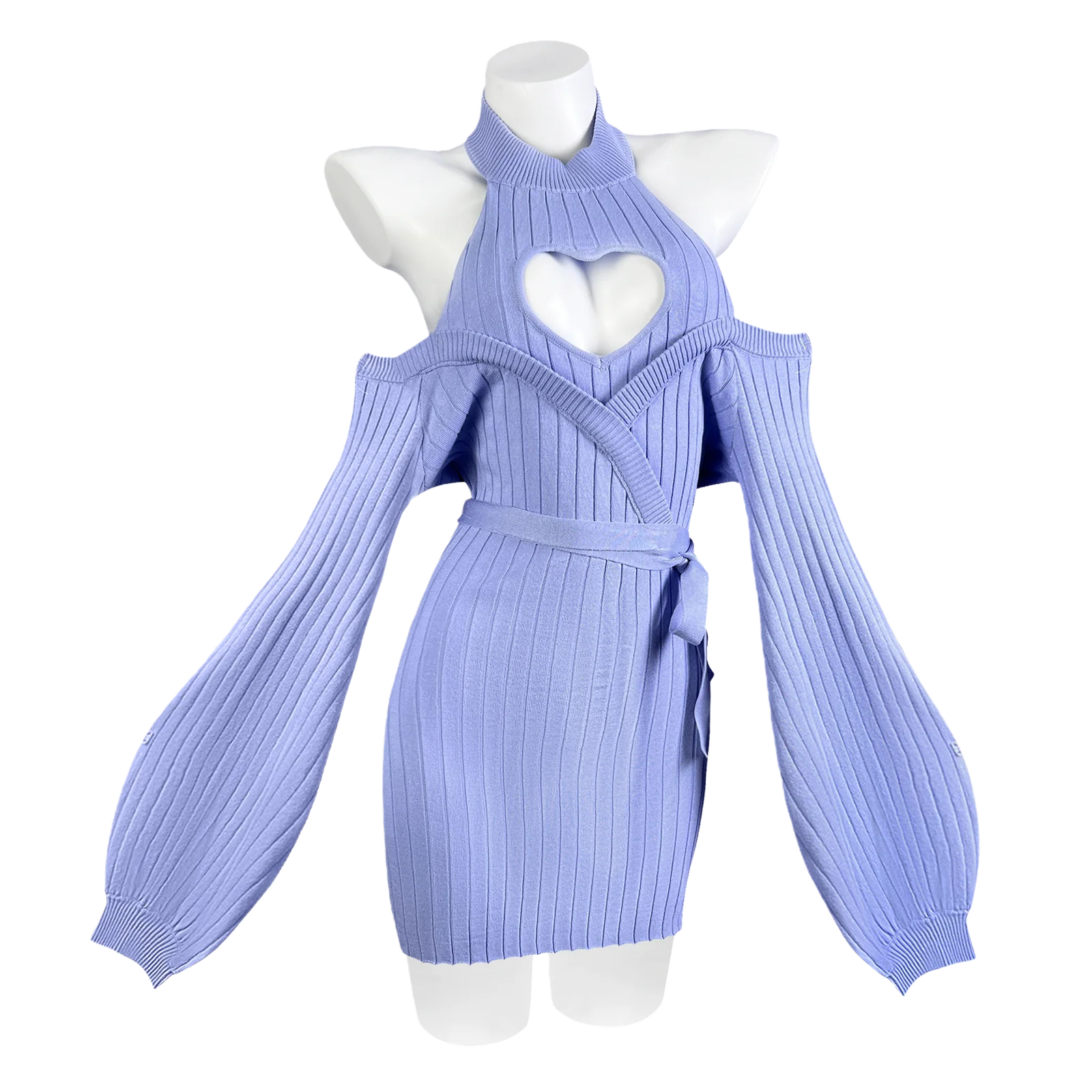 Robe en tricot bleu sexy à motif d'automne et de cœur, bretelles, dos nu, pull à col roulé doux pour