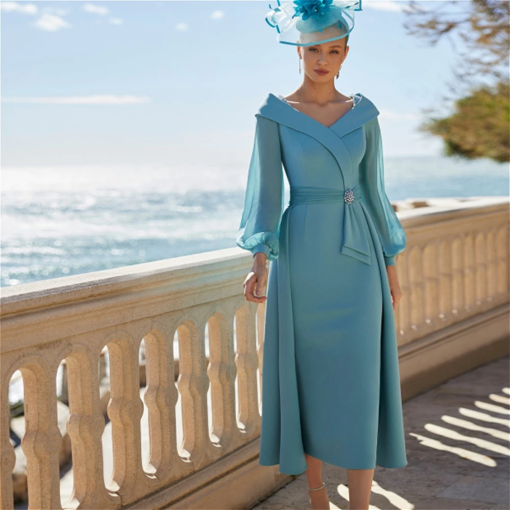 Robe de soirée personnalisée bleu lac, col en V plissé, en mousseline, pour mère de la mariée, avec 