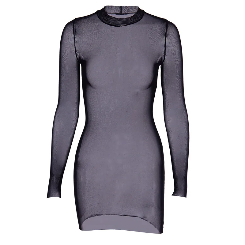Robe en maille transparente sexy pour femme, printemps automne, à manches longues, moulante, mini, s