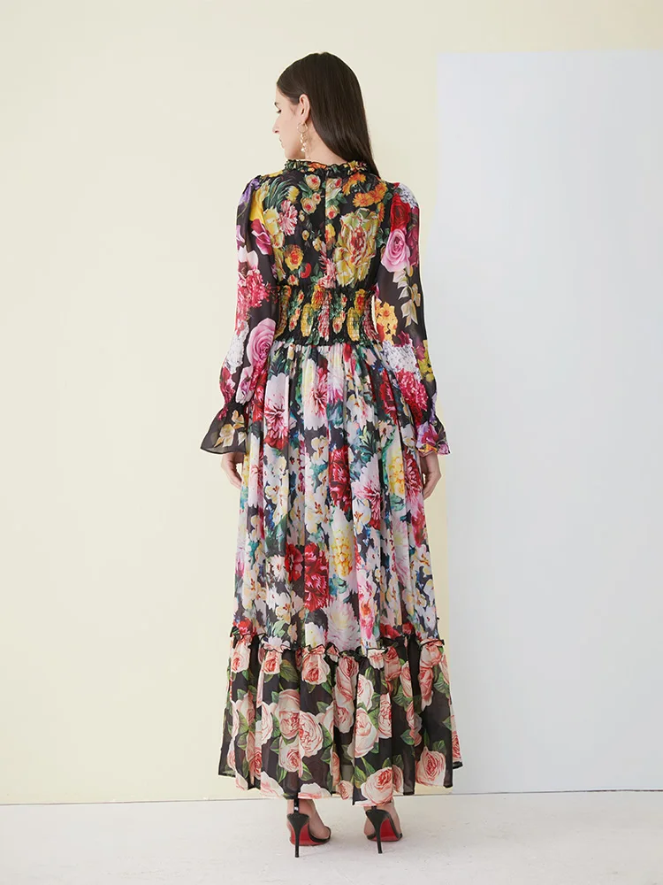 Robe d'été élégante en mousseline de soie pour femmes, imprimé floral, manches longues, col à volant