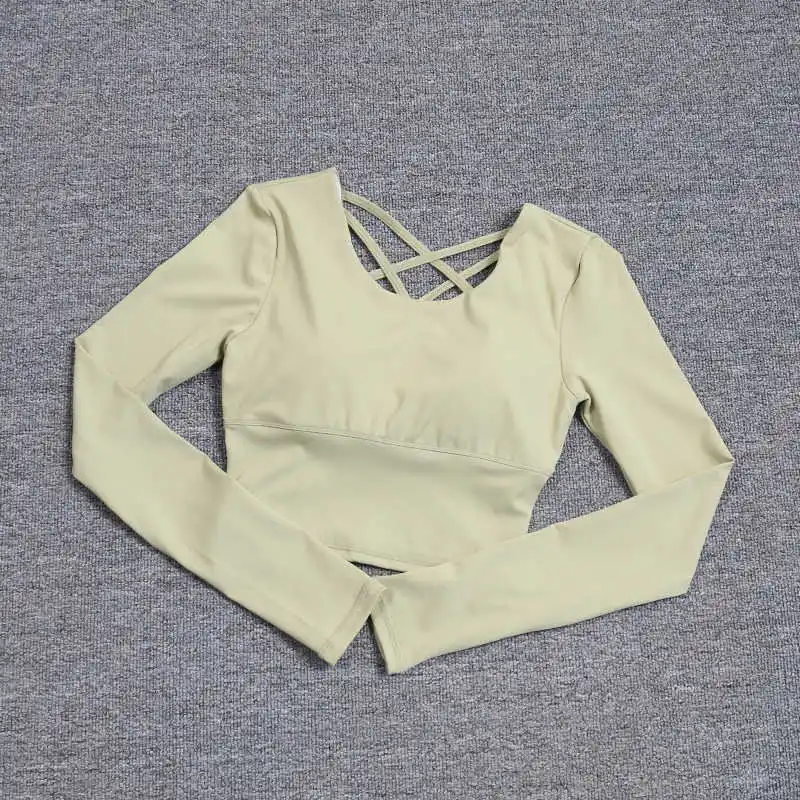 Dos creux pour femme avec soutien-gorge intégré, haut de yoga à manches longues, soutien-gorge une p