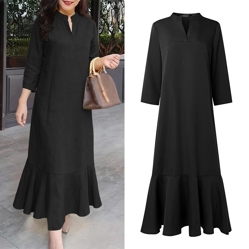 ZANZEA Robe longue élégante unie pour femme, col en V, manches 3/4, ourlet à volants, robe maxi déco