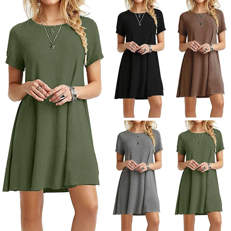 Femmes décontracté à manches courtes t-shirt robe Vintage col rond imprimé Mini robe ample élégant S