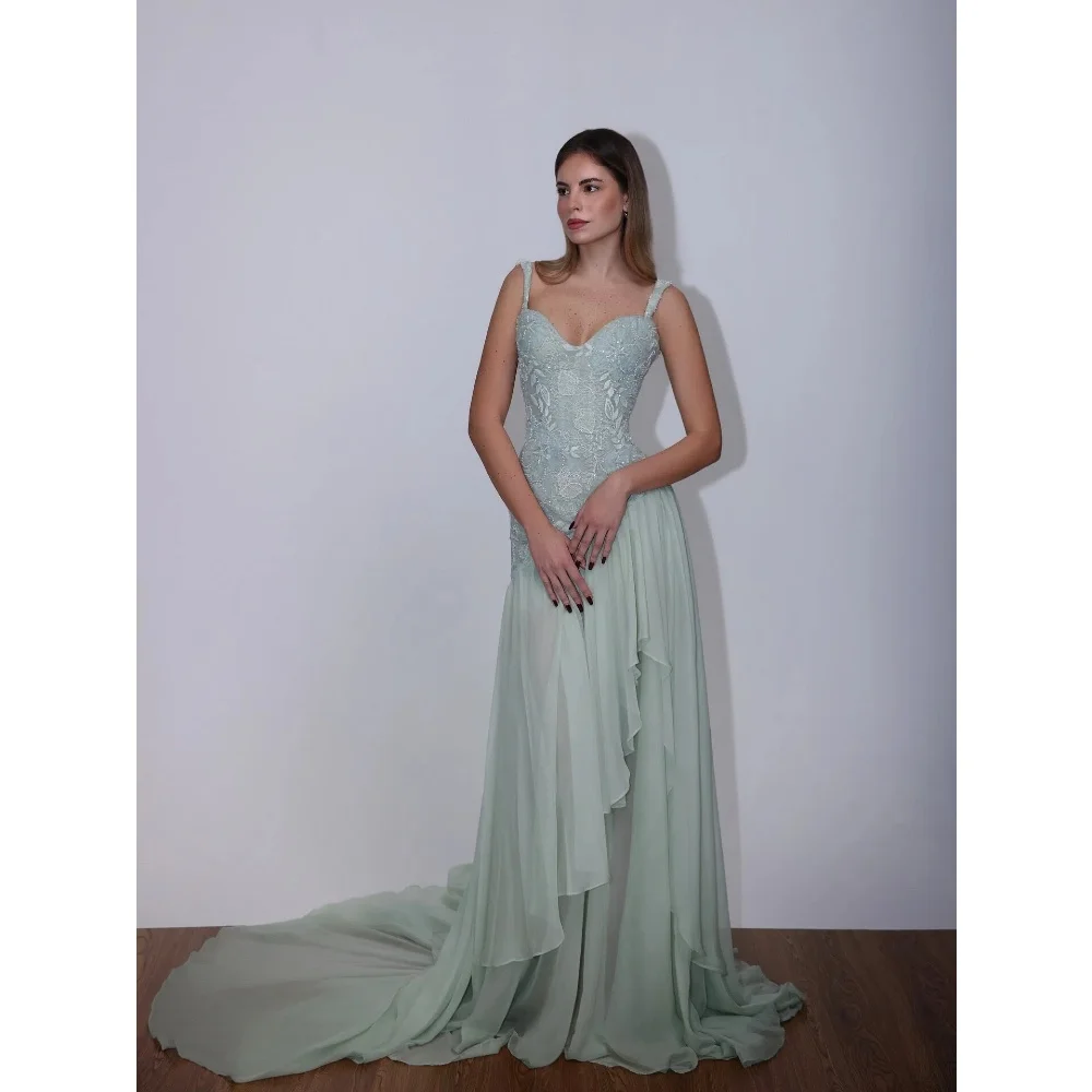 Robes de bal vert sauge, ligne A, en dentelle scintillante, sans manches, robes de soirée pour femme